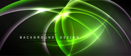 Abstract neon lines create dynamic curves, glowing shapes. Dark background emphasizes bright green, yellow energy flow. Modern design element.