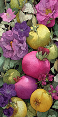 Botanical Still Life: Colorful Flowers and Textured Fruits in a Dark Garden Setting, Featuring Pink, Purple, and Yellow Hues, and Lush Green Leaves