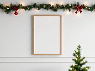 Fototapeta premium Blank wooden frame mockup hanging on white wall with christmas garland