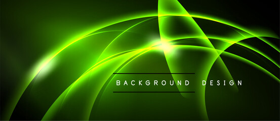 Abstract neon green curves illuminate dark background. Dynamic lines create futuristic visual effect, modern design element.