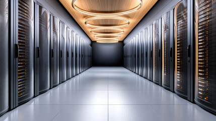 Modern server room corridor with illuminated racks and circular ceiling lights conveying calm