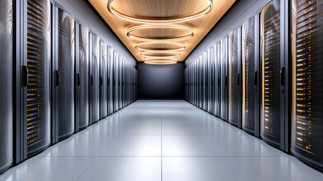 Modern server room corridor with illuminated racks and circular ceiling lights conveying calm
