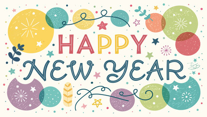 Happy new year greeting card with colorful circles stars and festive decorations for the holiday season