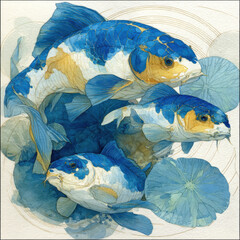 Elegant Watercolor Painting of Koi Fish with Lotus Leaves, Serene Aquatic Art, Japanese Inspired Design, Blue and Gold Tones, Peaceful Illustration