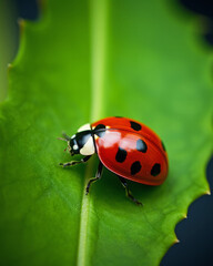 Fototapeta premium Macro ladybug on fresh green leaf with vivid red shell and black spots