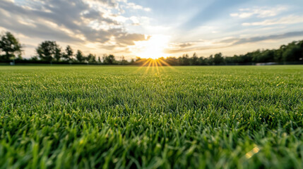 Fototapeta premium Sunrise grass field lawn closeup green texture soft sunlight serene