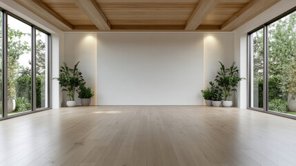 Bright modern empty living space with wooden ceiling and large windows