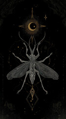 Elegant Insect Illustration with Moon and Stars on Black Background, Decorative Entomology Art, Mystical and Celestial Design