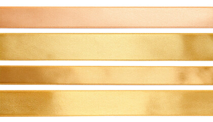 Glossy silk golden ribbons for holiday gift box, decor. Cut out image of yellow satin ribbons, smooth straight tapes.