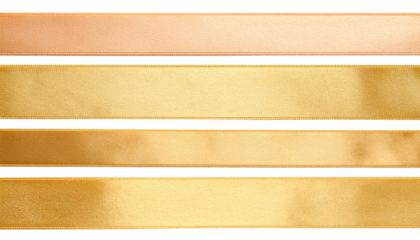 Glossy silk golden ribbons for holiday gift box, decor. Cut out image of yellow satin ribbons, smooth straight tapes.