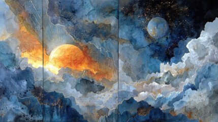 Abstract Watercolor Painting of Celestial Landscape with Sun, Moon, Clouds, Gold Accents, and Dreamy Atmosphere for Wall Art and Creative Projects