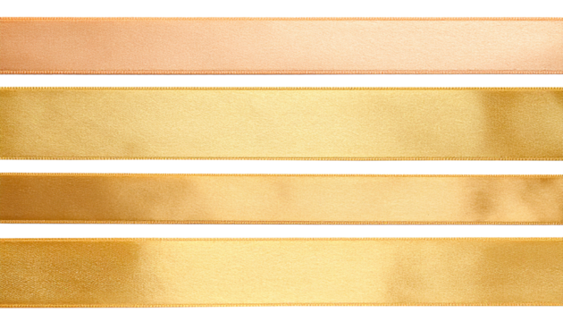 Glossy silk golden ribbons for holiday gift box, decor. Cut out image of yellow satin ribbons, smooth straight tapes.