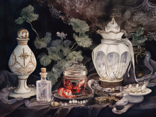 Elegant Still Life Watercolor Painting with Antique Bottles, Jewelry, and Flowers on Dark Background, Evoking a Sense of Mystery and Timeless Beauty