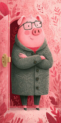 Illustration of a Pig Character Wearing Glasses and a Coat Standing in a Doorway Surrounded by Floral Elements in Shades of Pink and Red, Whimsical Animal Art