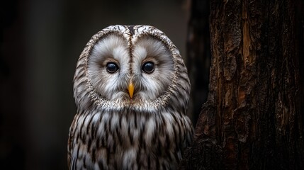 Fototapeta premium A curious owl with large intelligent eyes staring intensely