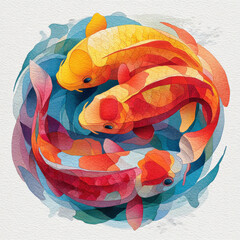 Watercolor Painting of Three Koi Fish Swimming in a Circle, Symbolizing Harmony and Balance, with Vibrant Orange, Red, and Blue Colors on Textured Paper