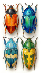 Detailed Watercolor Illustration of Four Jewel Beetles, Colorful Insect Specimens on White Background, Scientific Illustration, Entomology Art