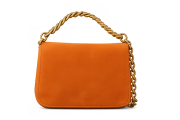 Orange fashion handbag with a twisted gold chain handle and strap. Stylish accessory for women, ready for design integration