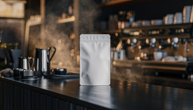 Coffee Shop Aroma Blank Packaging and Coffee Machine in a Cozy Cafe Setting