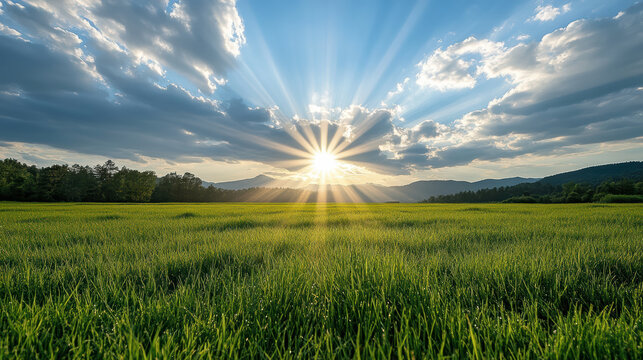 Sunrise field sunburst over green meadow with distant hills and dramatic clouds