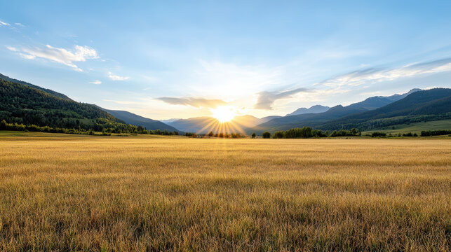 Golden meadow sunset sunburst over valley with distant mountains and forest