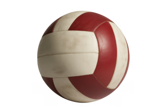 Vintage red and white stitched leather volleyball isolated on a transparent background