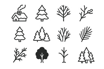 Fototapeta premium Snowy Rooftop Icons. Snowy rooftop with chimney smoke – Surrounding Trees. Line outline icon set of
