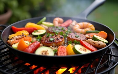 A Vibrant Array of Deliciously Grilled Foods Including Vegetables Meats and Seafood Displayed in a Pan on a Sizzling Grill Evoking a Joyful Atmosphere for Outdoor Cooking and Dining. High quality