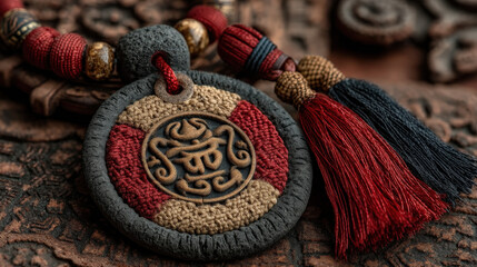 Close-up of Intricate Buddhist Amulet Necklace with Tassels, Featuring Red, Gold, and Black Threads on a Textured Wooden Surface, Symbolizing