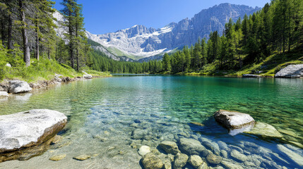 Mountain lake clear water alpine forest turquoise shore peaceful vista