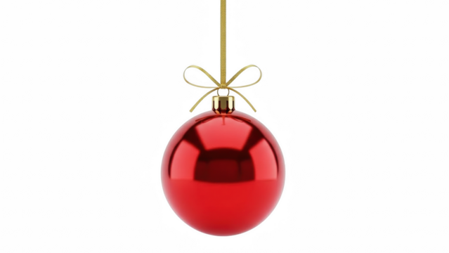 Red christmas ornament hanging with gold ribbon on a black background for holiday decoration use on transparent background