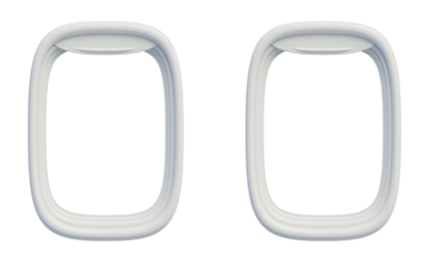Realistic airplane window frames in front view, showcasing smooth, rounded edges. Ideal for aviation design, travel graphics, simulations, and aircraft branding.
