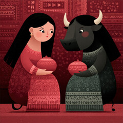 Stylized Illustration of a Girl and a Bull Holding Pots in a Red Toned, Textured Environment with Decorative Patterns and a Storytelling, Whimsical Feel