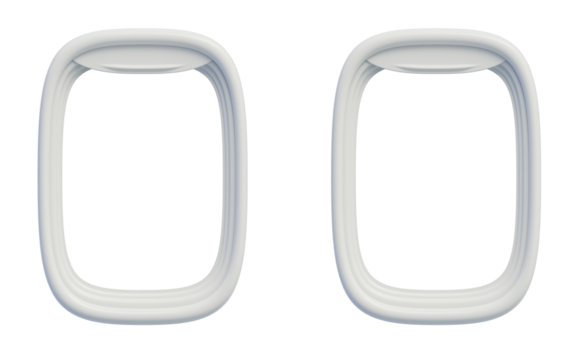 Realistic airplane window frames in front view, showcasing smooth, rounded edges. Ideal for aviation design, travel graphics, simulations, and aircraft branding.