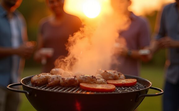Outdoor barbecue party with friends at sunset. High quality