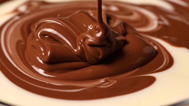 Rich melted dark chocolate being poured and swirling into a creamy white mixture creating a delicious sweet dessert texture