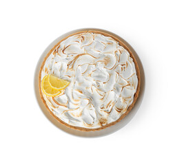 Plate with tasty lemon pie isolated on white background, closeup