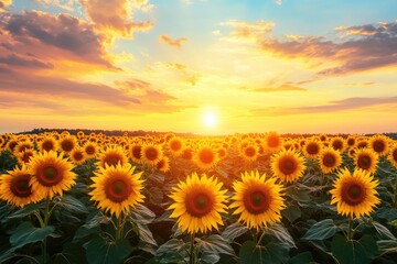 Fototapeta premium A vibrant field of sunflowers stretches across the horizon under a sky painted with hues of orange and pink, as the sun sets in the distance, casting a warm glow over the scene.