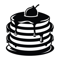 Stack of pancake topped with syrup and cherry presents a delectable monochrome dessert