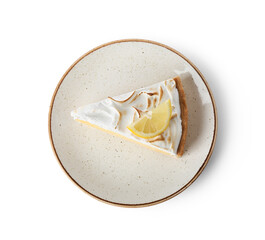 Plate with tasty lemon pie isolated on white background, closeup