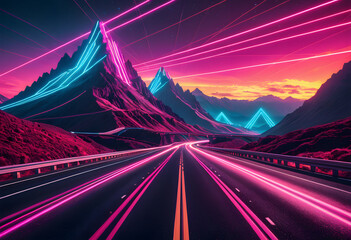 Retrowave neon road extending through futuristic mountain landscape