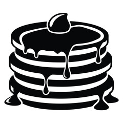 Stacked pancakes with syrup dripping appears tempting in this minimalist black and white image