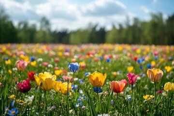 Fototapeta premium A vibrant field of tulips, with a variety of colors and shapes, stretching out into the distance under a clear blue sky.