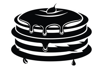 Stylized pancake stack is layered with dripping syrup in a striking monochrome format