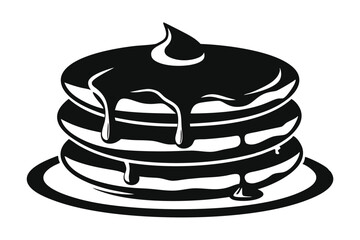 Stack of three delicious pancakes topped with sweet dripping syrup is depicted