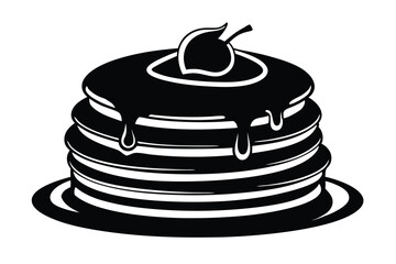 Black silhouette shows syrup dripping down a stack of pancakes with an apple topping