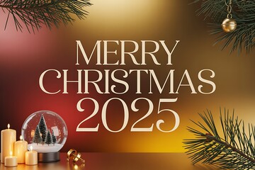 Elegant Merry Christmas 2025 greeting with candles and snow globe creates cozy holiday cheer, perfect for festive season marketing and heartwarming greetings