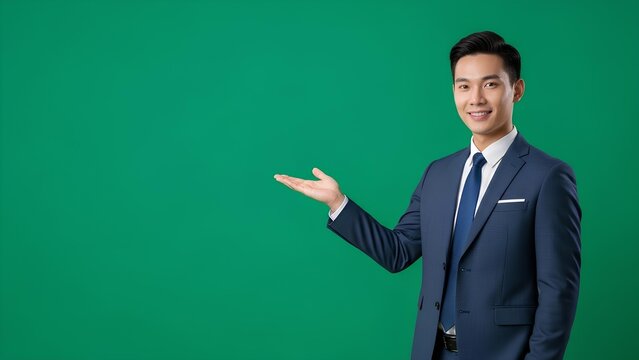 Young Asian businessman in suit presenting and pointing on a green screen background