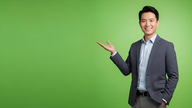 Smiling Asian businessman pointing to a green screen background with a confident gesture, showcasing a product or service