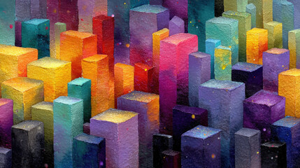 Abstract Cityscape Painting with Colorful Geometric Buildings, Textured Surface, Modern Art, Urban Landscape, Vivid Colors, Contemporary Artwork